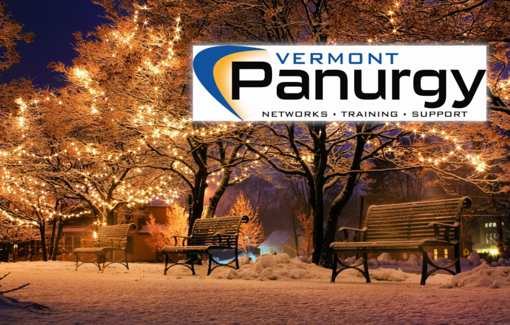 holiday lights in snowy park at night, Panurgy logo in foreground